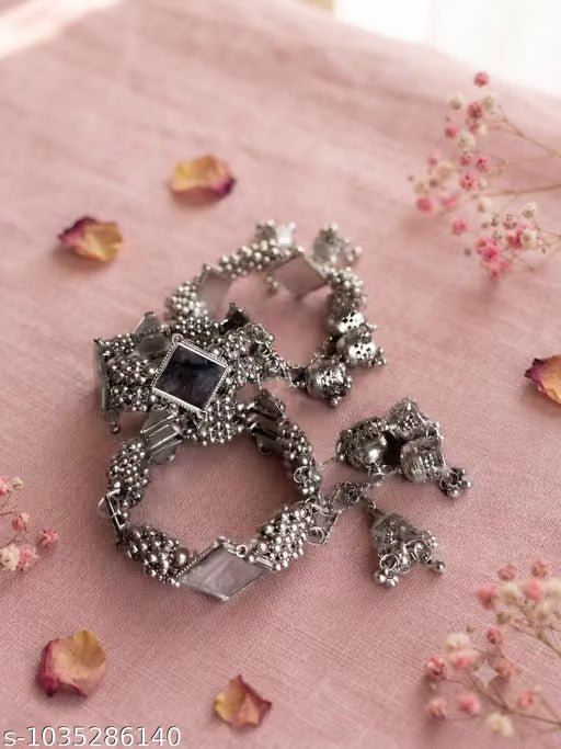 most beautifull Oxidised Silver Bracelet for Women & Girls | Mirror Ghungroo Kada | Adjustable Hand Bracelet