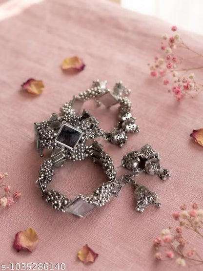 most beautifull Oxidised Silver Bracelet for Women & Girls | Mirror Ghungroo Kada | Adjustable Hand Bracelet