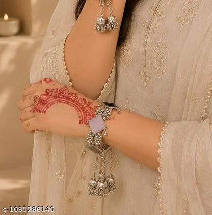 most beautifull Oxidised Silver Bracelet for Women & Girls | Mirror Ghungroo Kada | Adjustable Hand Bracelet
