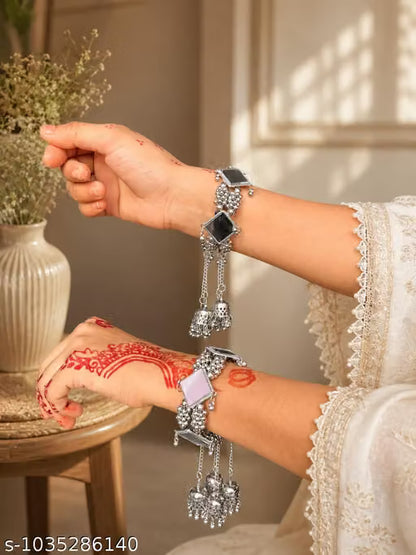 most beautifull Oxidised Silver Bracelet for Women & Girls | Mirror Ghungroo Kada | Adjustable Hand Bracelet
