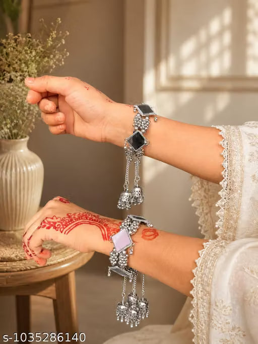 most beautifull Oxidised Silver Bracelet for Women & Girls | Mirror Ghungroo Kada | Adjustable Hand Bracelet